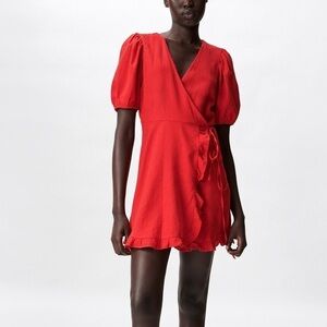 Zara Linen Blend Mini Wrap Dress Red - S
